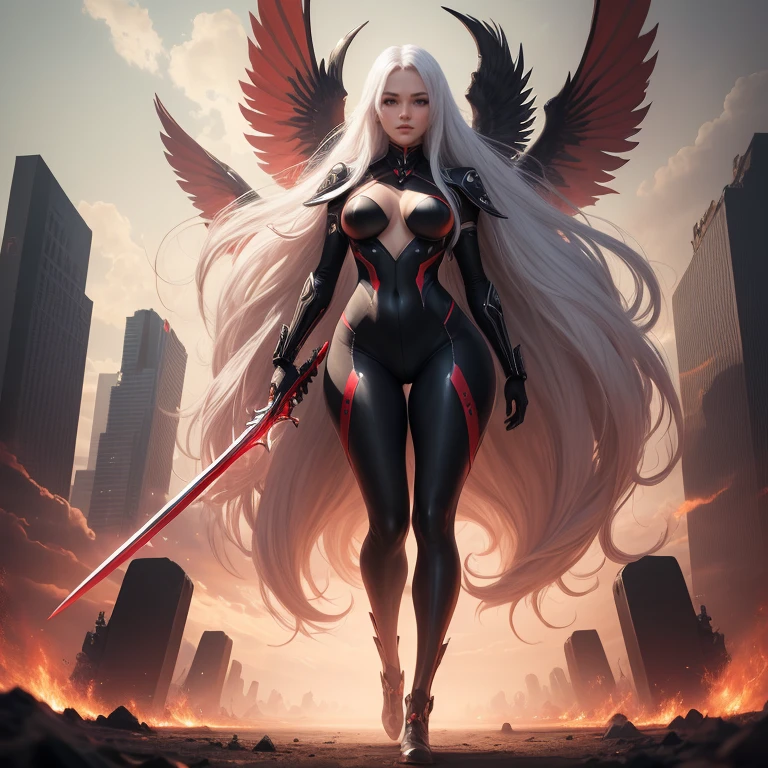 4k, ultra detailed, full body portrait, pantyhose, beautiful shining face, sexy long lady, red and black tech sexy suit, long white hair, floating hair, tech big red wings, futuristic fire sword in hands, battlefield background, clouds,