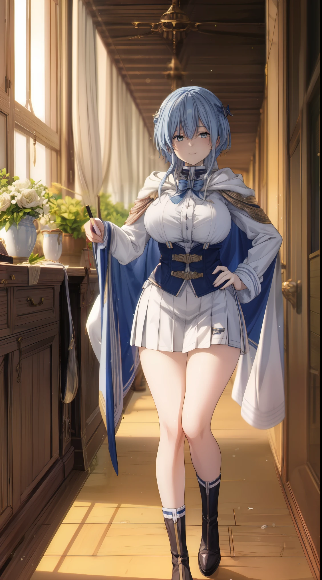 an illustration of showing a person with a cape and a blue hair color in the animation style clothing, long hair, female focus, solo, cape, long sleeves, hand on hip, standing, looking at viewer, full body, black footwear, bangs, short skirt, blue hair, white skirt, boots, smile, skirt tucked in, closed mouth, huge breast, perfect Composition,

1 girl, 20yo,YOUNG female,Beautiful Finger, Beautiful long legs ,Beautiful body ,Beautiful Nose ,Beautiful character design, perfect eyes, perfect face,

official art, extremely detailed CG unity 8k wallpaper, perfect lighting,Colorful, Bright_Front_face_Lightinasterpiece:1.0),(best_quality:1.0), ultra high res,4K,ultra-detailed,
photography, 8K, HDR, highres, absurdres:1.2, Kodak portra 400, film grain, blurry background, bokeh:1.2, lens flare, (vibrant_color:1.2)
, (beautiful_face:1.5),(narrow_waist), (Beautiful,Huge_Breasts:1.3)