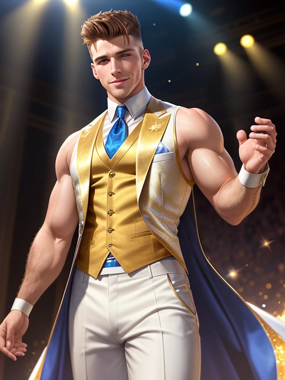 Photorealistic, wide view. A handsome, young , muscular Caucasian Vegas magician, with short, brown hair with shaved sides, and blue eyes, wearing a sleeveless, white and gold vest, and white and gold pants, on stage. he is smiling, with his arms at his side, and magic sparkles swirl around his hands.