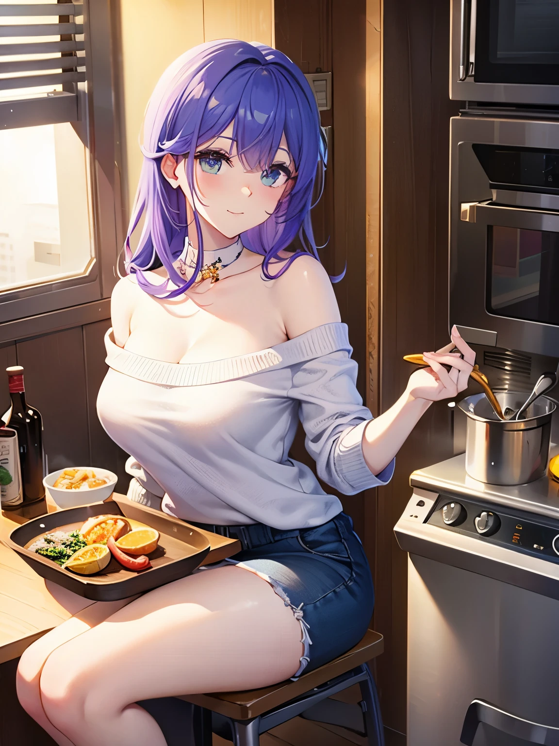 Tang Wutong, big , wearing off shoulder sweater and cotton shorts, home kitchen