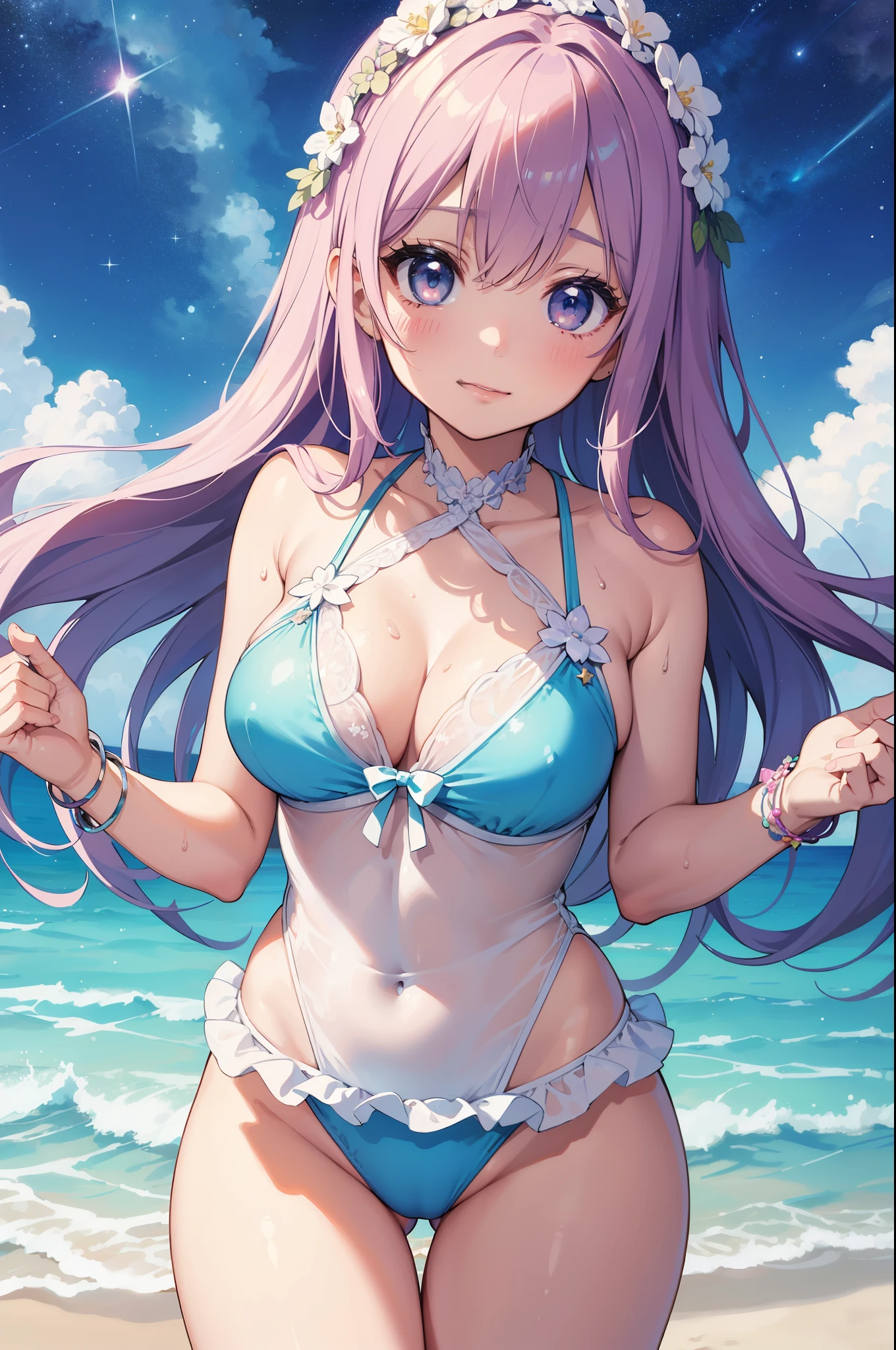 （masterpiece）、(highest quality)、((Super detailed))、(super delicate)、Cute naughty swimsuit idol、Pastel colors hair、beautiful breasts、Thighs、Gorgeous、Fantastic starry sky、beautiful sea、Wet and see-through