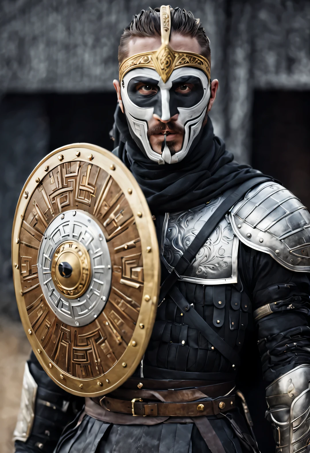 （black and white photography照片），black and white photography，（Tom Hardy holds up a large golden shield），Tom Hardy wearing a mask，mystery，His mask is well made，smooth lines，Perfectly complimenting his handsome face，The mask covers most of his face，Only the eyes as bright as stars and the curved eyebrows are exposed，This makes him even more majestic and inviolable Mystery on the battlefield.。，Muscular grace，It's like a perfect sculpture，