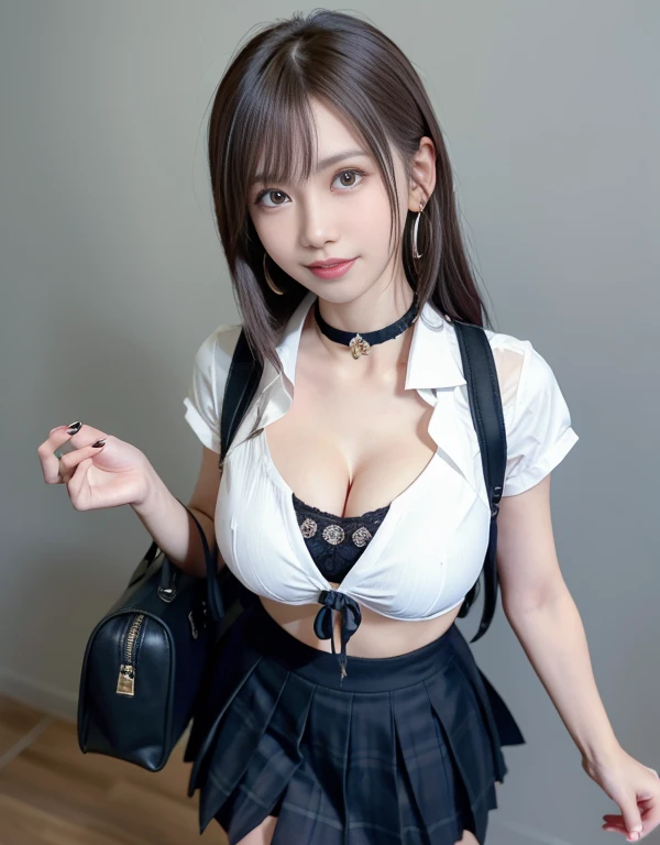 1girl, kitagawa_marin, breasts, blonde_hair, solo, smile, long_hair, large_breasts, necktie, skirt, school_uniform, shirt, tied_shirt, choker, bag, cleavage, looking_at_viewer, red_eyes, jewelry, gyaru, piercing, white_shirt, earrings, grin, bangs, blue_necktie, pink_nails, ear_piercing, black_choker, blue_skirt, school_bag, pleated_skirt, white_background, barbell_piercing, plaid_skirt, simple_background, nail_polish, collarbone, collared_shirt, teeth, leaning_forward