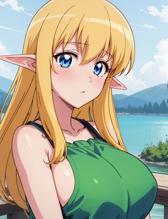 (masterpiece, best quality, high resolution, anime colored, anime screencap, 8k, detailed, photorealistic), tifania, The Familiar of Zero, blue eyes, blush, elf, long hair, large breasts, pointy ears, blonde hair, sideboob, green clothes, (Front view, upper body), lake