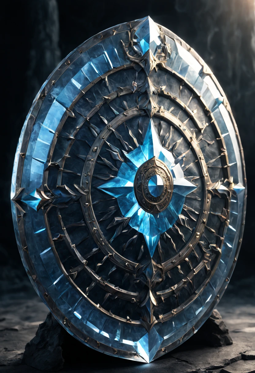 warrior shield rush, shield made of crystal, fantasy, 8k resolution, hyperdetailed, natural lighting, shiny, majestic, intricate patterns, masterpiece, atmospheric, breathtaking, magnificent, stunning, amazing