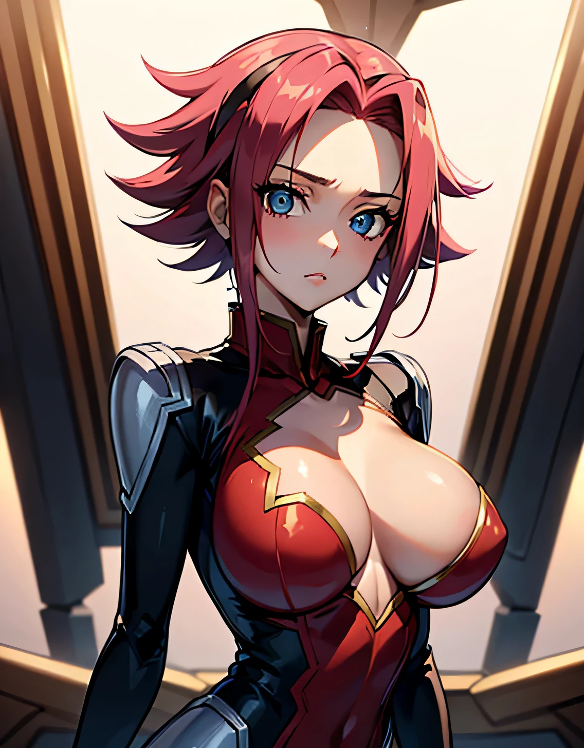 super detailed, Karen Stadfeld, blue eyes, pink hair, spiky hair, hair intake, (red headband:1.2), (red bodysuit:1.2),(big breasts:1.5),looking at the viewer,Are standing,(((masterpiece))),((highest quality)),perfect anatomy,8K UHD,highly detailed face,luster and luster,((1 girl)),((alone)),(beautiful and fine eyes:1.5),perfect image,(Upper body:1.1),(look ahead:1.1),turn your arms behind your back,slim waist,(shiny hair),indoor hall,