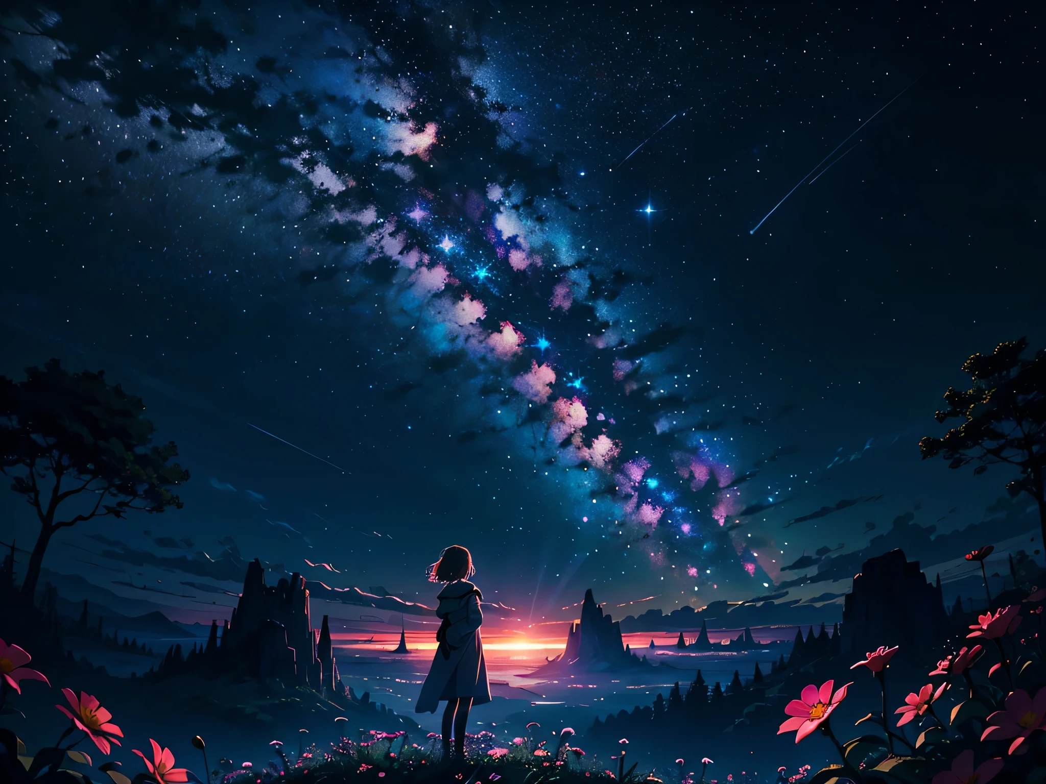 4k Landscape, beautiful stars in the background, It&#39;s like a dream, sky looking Incredibly beautiful, Ultra resolution, perfect lighting, dark space, space photo, Incredibly beautiful, fantasy world, girl standing on flowers, looking up at the sky, Dark vibrations, Perfect color correction, A planet in the sky