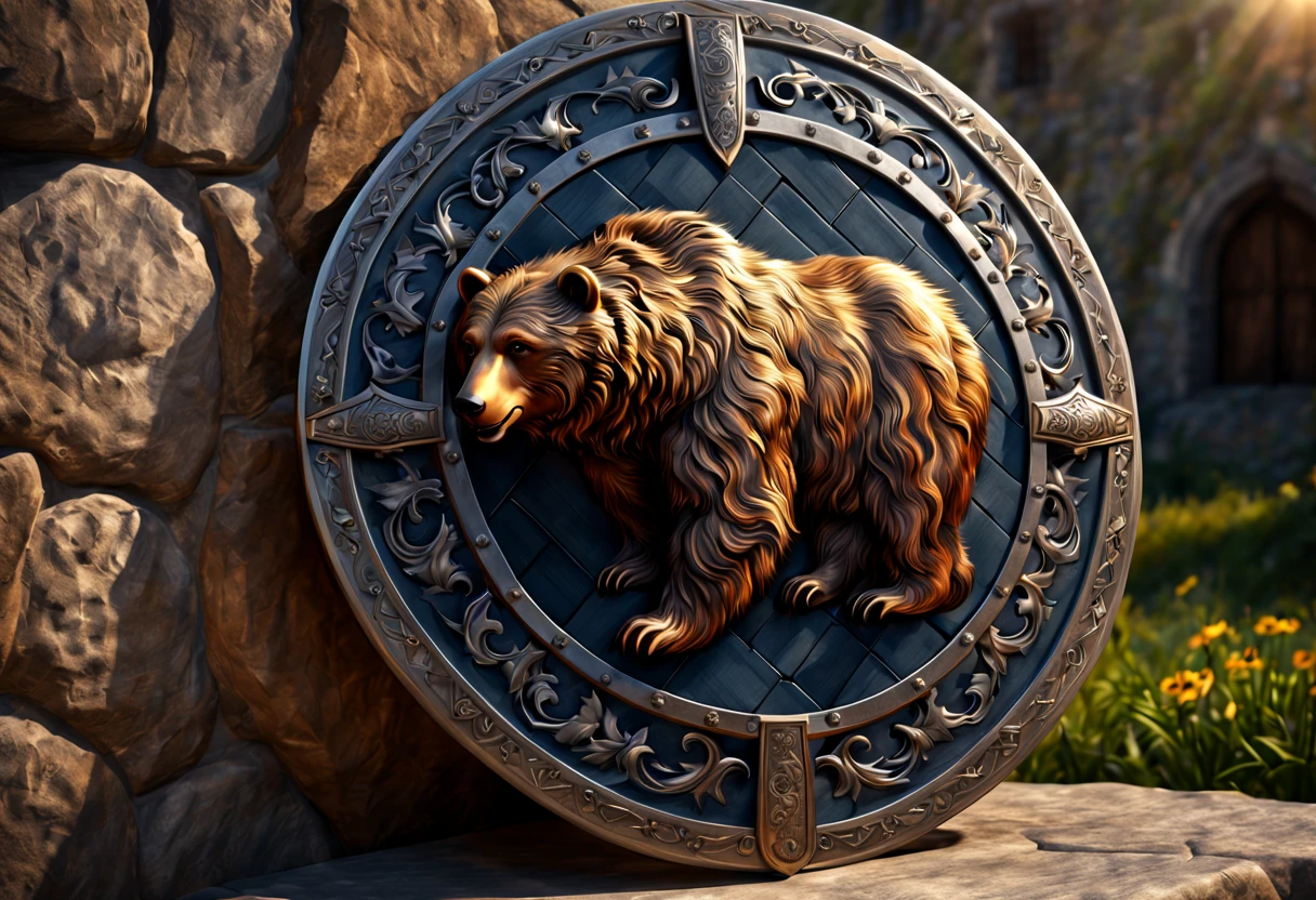 (best quality, 4k, 8k, high resolution, masterpiece: 1.2), ultra-detailed, (realistic, photorealistic, photorealistic: 1.37),a medieval shield with a bear engraved in relief, it is supported on a stone, the sun's rays illuminate the shield, a true work of art