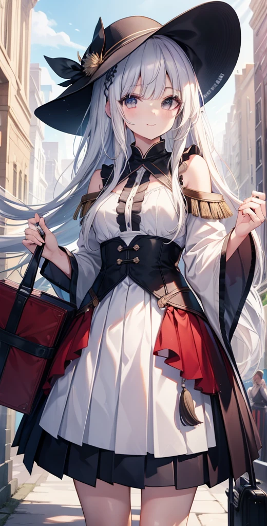 master piece, highest quality, High resolution, KR1, gray eyes, smile, fringe, pleated skirt, small breasts, Long White Hair, cowboy shot,RPG traveler,game traveler costume,National costume,old civilization costumes