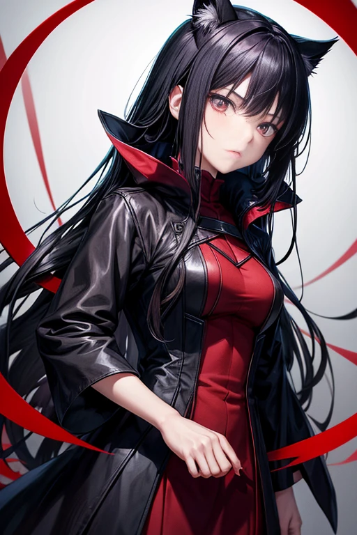 A woman in black stands in front of a red background, Hinata Hinata, 火影忍者middle的日向日向, Xiaoming, 17 year old anime goth girl, Kurohime cuts hair, Gormo Adray Grimdak, Glowing black halo, in anime series《ergo proxy》middle, Inspired by Jinyan, Black-haired mage