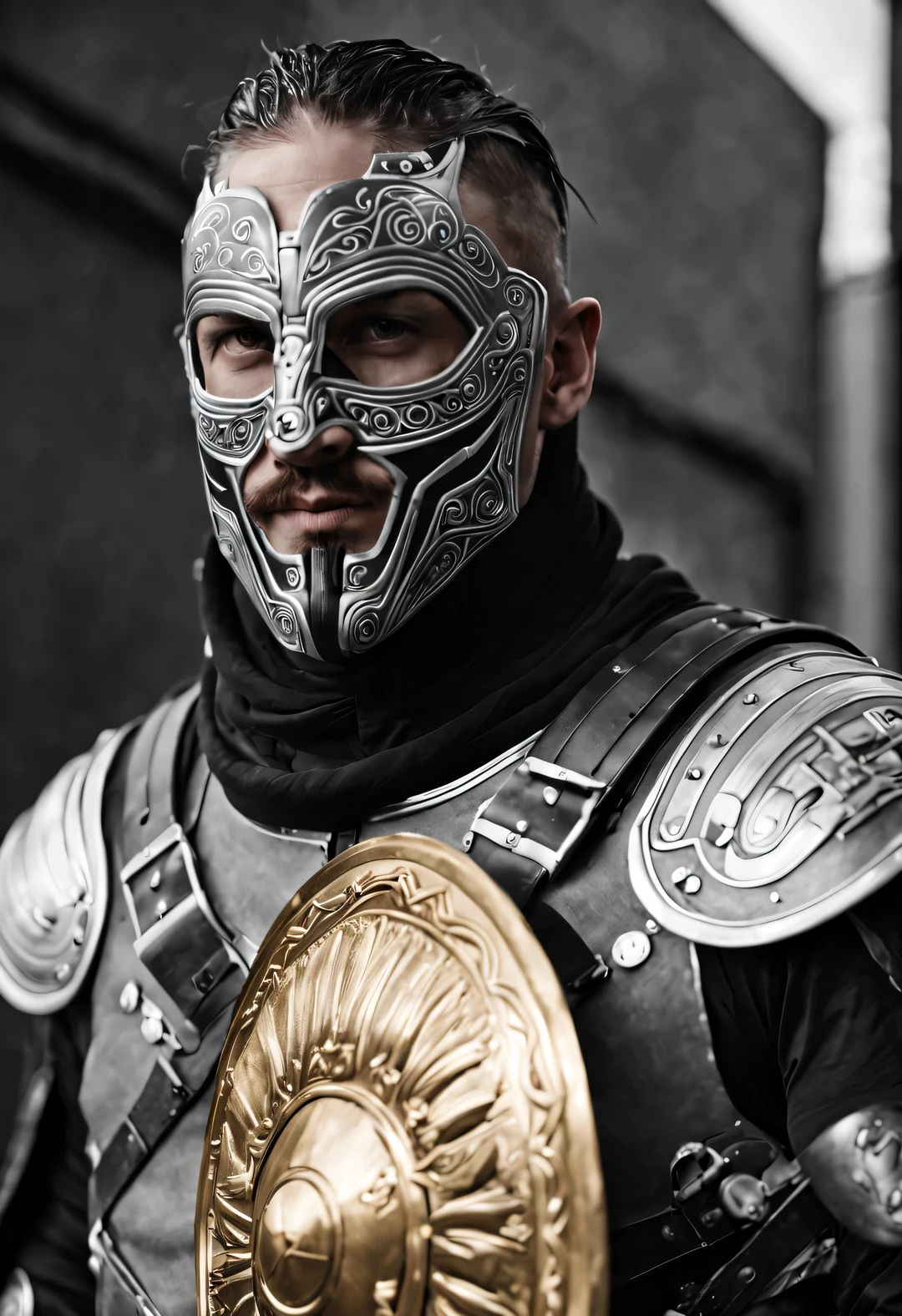 （black and white photography照片），black and white photography，（Tom Hardy holds up a huge golden shield），Tom Hardy wearing a mask，mystery，His mask is well made，smooth lines，Perfectly complimenting his handsome face，The mask covers most of his face，Only the eyes as bright as stars and the curved eyebrows are exposed，This makes him even more majestic and inviolable Mystery on the battlefield.。，Muscular grace，It's like a perfect sculpture，