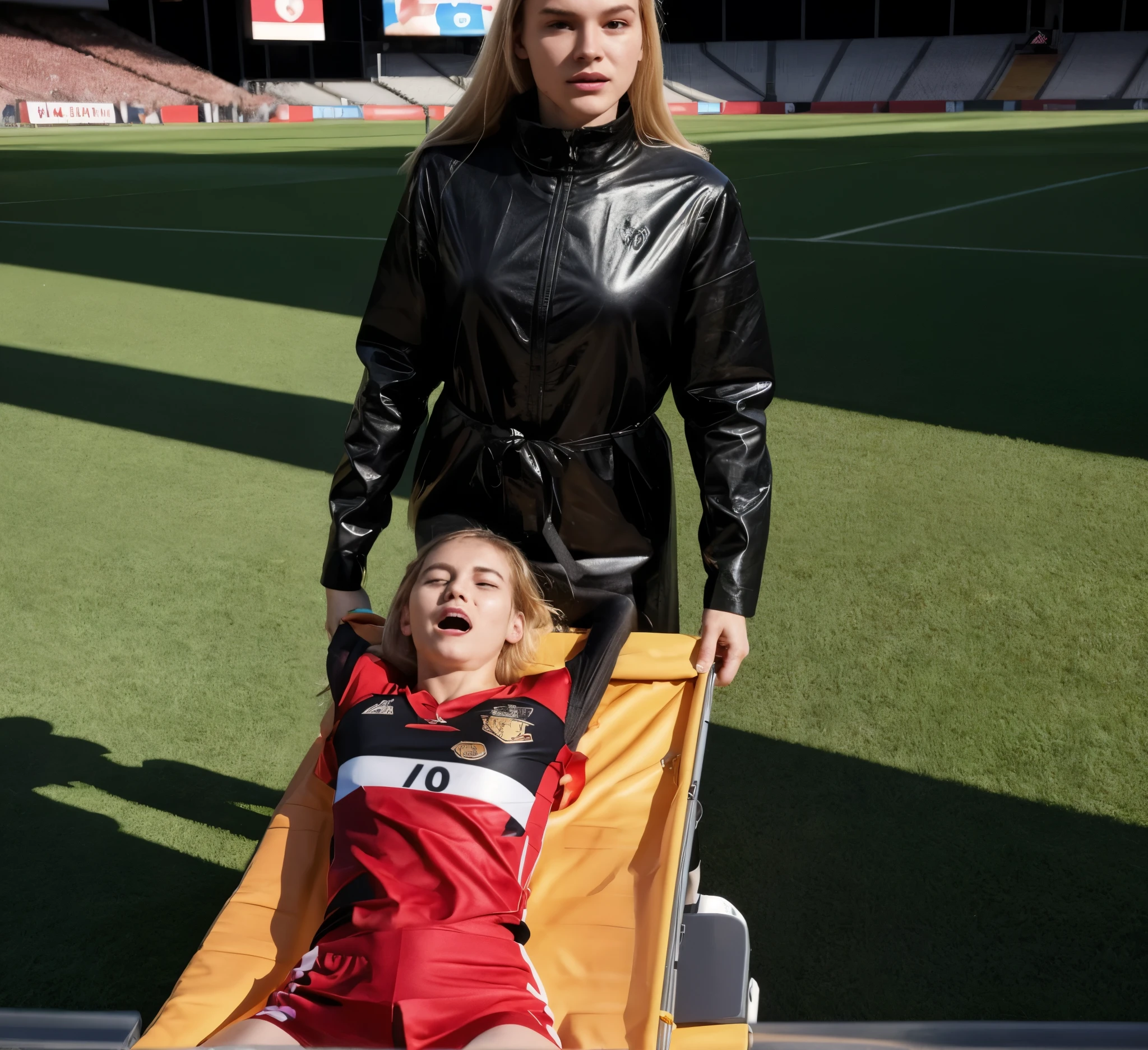 a blond woman is carrying a astretcher on a soccer field, there is a male soccer player in short sportswear lying injured on a stretcher, there is an injured sportsman who is covering his face on a stretcher, an injured sportsman is covering his face with his hands, an injured sportsman is writhing ecstatic in pain on a stretcher, dramatic pity pose, there is a very female woman in a high-shine coat, a high-shine black wetlook coat, a long shiny coat, a wetlook glossy coat, a wet black laquered coat, a very female looking wife is wearing a wetlook coat, injured, medic, soccer action pose, affection pose, lecherous action pose, dramatic action pose, theatralic pose, there is an attractive woman that is carrying a suffering man on a stretcher, there is a beautiful woman in a shiny coat who is carrying a blond man on a wet orange stretcher, a longhaired beautiful woman in a high-shine coat, a longhaired woman in a shiny downcoat, a woman is carrying a stretcher with a shorthaired man who is wearing shorts and a t-shirt, a weak man in spots shorts is consciousless and needs to be carried on a wetlook pvc stretcher, a shorthaired man with closed eyes is carried on a stretcher by a longhaired woman, a woman looks very scared and terrified, a consciousless man with closed eyes is suffering very much and has a very painful face, photo, photo shoot, photographed , accident, help, aid, first aid, pity