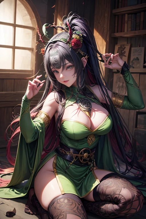 Alafi's Figure, a man in green robes, standing in front of a demonic mask, insane asylum anime style, goddess of transformation Tensei, the clown resembling Naruto, African warrior anime style, goddess of transformation, Jujutsu naval battle, Kurou anime screenshot, Shinigami, their madness, a villain wearing a red devil mask, anime masterpiece. (best quality, 4k, highres, masterpiece:1.2), ultra-detailed, (realistic, photorealistic, photo-realistic:1.37), portraits, vibrant colors, dramatic lighting.