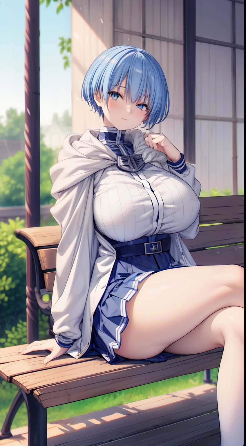  (Beautiful, Huge_Breasts), very short skirt, himmel_sousou_no_frieren, blue hair, blue eyes

anime girl sitting on a bench,

looking at viewer, in the center of the image, 
