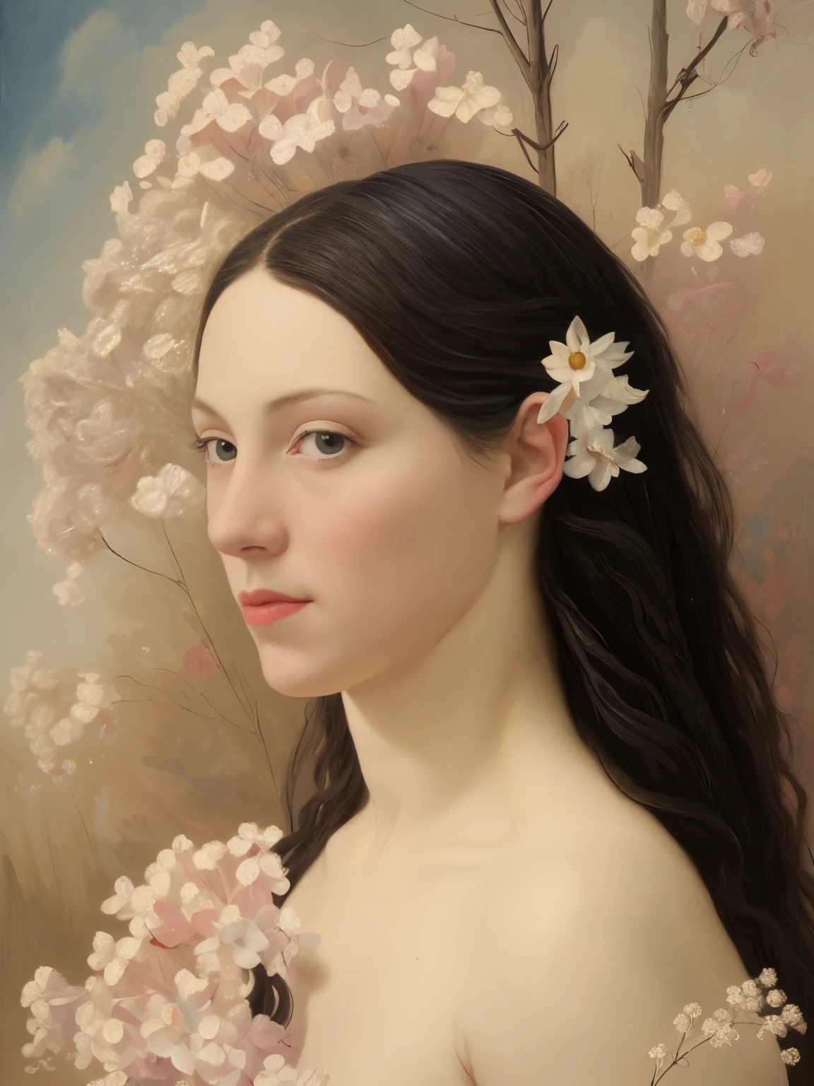 (oil painting:1.5),
\\
a woman with long black hair and white flowers in her hair is laying down in a field of white flowers, (amy sol:0.248), (stanley artgerm lau:0.106), (a detailed painting:0.353), (gothic art:0.106) golden abstract expressionism and the museum of art 