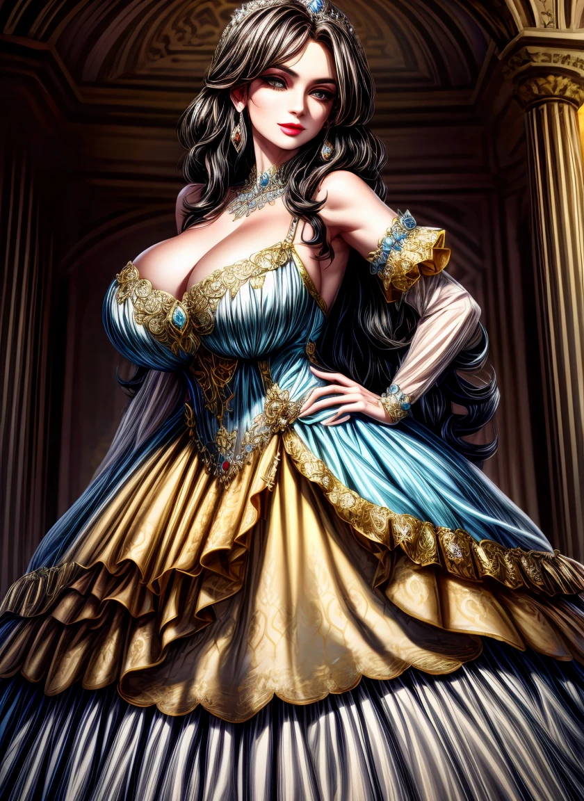 Irish woman, milf, mature,long straight hair,black hair, high cheekbones, glossy lipstick, white pale skin, tall, curvaceous, small waist, big hips, hip dips, large breasts, big breasts, sagging breasts, looking at viewer, Best quality, 8k, Masterpiece, realistic, photorealistic, (gigantic breasts:1.2),wearing beautiful embroidery and jeweled ruffled gorgeous princess ballgown with voluminous full length hoop skirt,
princess in a beautiful embroidery and jeweled rococo princess ballgown with voluminous full length hoop skirt,super detailed gorgeous princess ballgown with voluminous full length hoop skirt,jeweled Gorgeous rococo princess ballgown with long train,jeweled Gorgeous rococo princess ballgown with long train,gorgeous rococo princess ballgown with beautiful embroidery and jeweled, detailed eyes, brown eyes, blue and yellow dress
