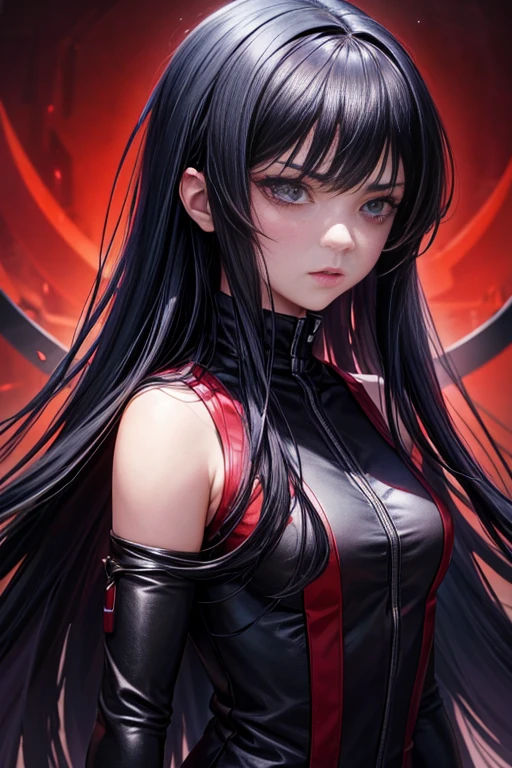 a girl wearing black clothes standing in front of a red background,detailed eyes, detailed lips, extremely detailed eyes and face, long eyelashes, referencing Hinata Hyuga from the anime series "Naruto Shippuden", Haruhi Suzumiya, a -yeld goc girl from the anime "The Melancholy of Haruhi Suzumiya", with short black hair, Gemo Adley Grumdak, the protagonist from the anime "Ergo Proxy", glowing black aura, inspirations from the character Koyomi Araragi from the anime "Monogatari Series", and a black-haired magician.
(best quality,4k,8k,highres,masterpiece:1.2),ultra-detailed,(realistic,photorealistic,photo-realistic:1.37),HDR,UHD,studio lighting,ultra-fine painting,sharp focus,physically-based rendering,extreme detail description,professional,vivid colors,bokeh,
portrait,red color tones,lightning effects