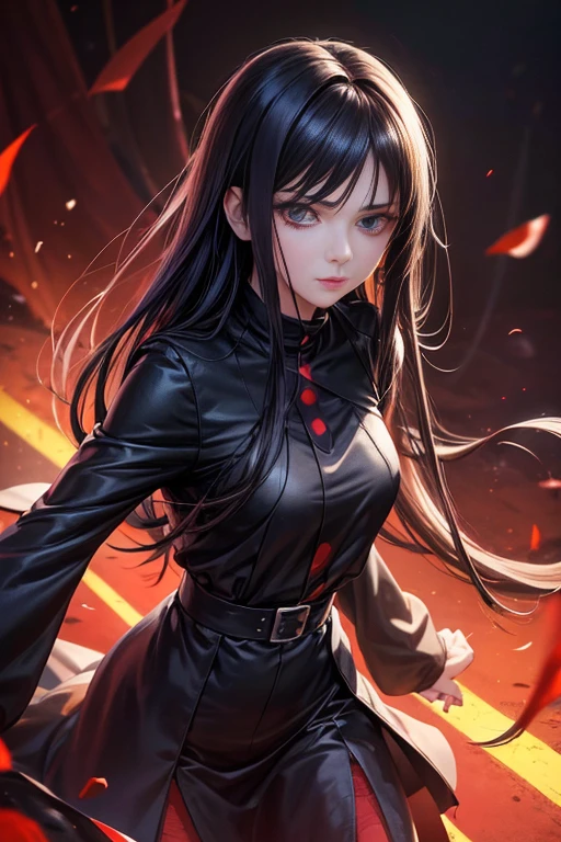 a girl wearing black clothes standing in front of a red background,detailed eyes, detailed lips, extremely detailed eyes and face, long eyelashes, referencing Hinata Hyuga from the anime series "Naruto Shippuden", Haruhi Suzumiya, a -yeld goc girl from the anime "The Melancholy of Haruhi Suzumiya", with short black hair, Gemo Adley Grumdak, the protagonist from the anime "Ergo Proxy", glowing black aura, inspirations from the character Koyomi Araragi from the anime "Monogatari Series", and a black-haired magician. 
(best quality,4k,8k,highres,masterpiece:1.2),ultra-detailed,(realistic,photorealistic,photo-realistic:1.37),HDR,UHD,studio lighting,ultra-fine painting,sharp focus,physically-based rendering,extreme detail description,professional,vivid colors,bokeh,
portrait,red color tones,lightning effects