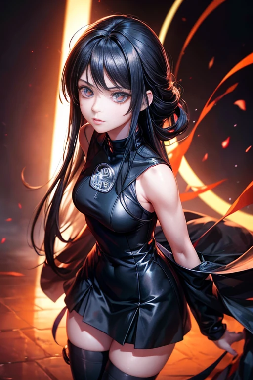 a girl wearing black clothes standing in front of a red background,detailed eyes, detailed lips, extremely detailed eyes and face, long eyelashes, referencing Hinata Hyuga from the anime series "Naruto Shippuden", Haruhi Suzumiya, a -yeld goc girl from the anime "The Melancholy of Haruhi Suzumiya", with short black hair, Gemo Adley Grumdak, the protagonist from the anime "Ergo Proxy", glowing black aura, inspirations from the character Koyomi Araragi from the anime "Monogatari Series", and a black-haired magician.
(best quality,4k,8k,highres,masterpiece:1.2),ultra-detailed,(realistic,photorealistic,photo-realistic:1.37),HDR,UHD,studio lighting,ultra-fine painting,sharp focus,physically-based rendering,extreme detail description,professional,vivid colors,bokeh,
portrait,red color tones,lightning effects