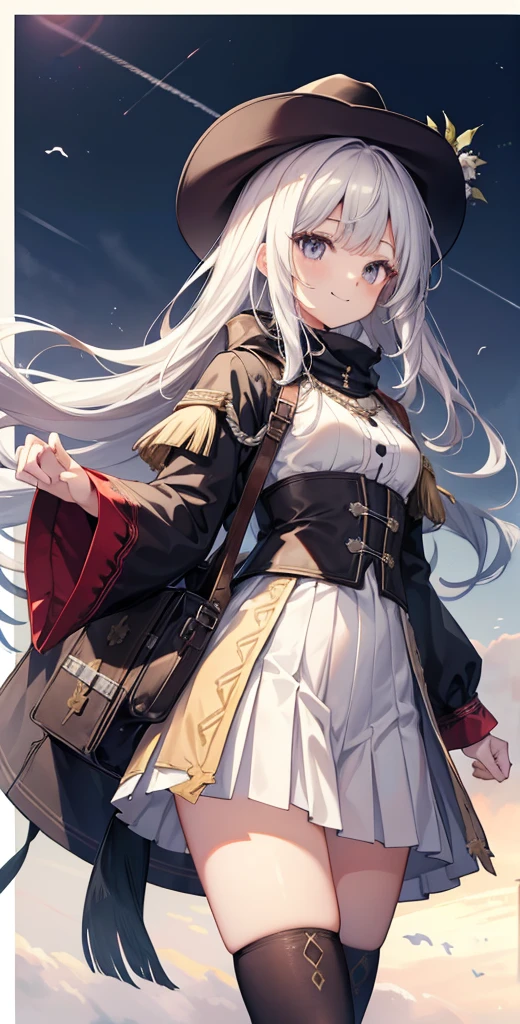 master piece, highest quality, High resolution, KR1, gray eyes, smile, fringe, pleated skirt, small breasts, Long White Hair, cowboy shot,RPG traveler,game traveler costume,National costume,old civilization costumes