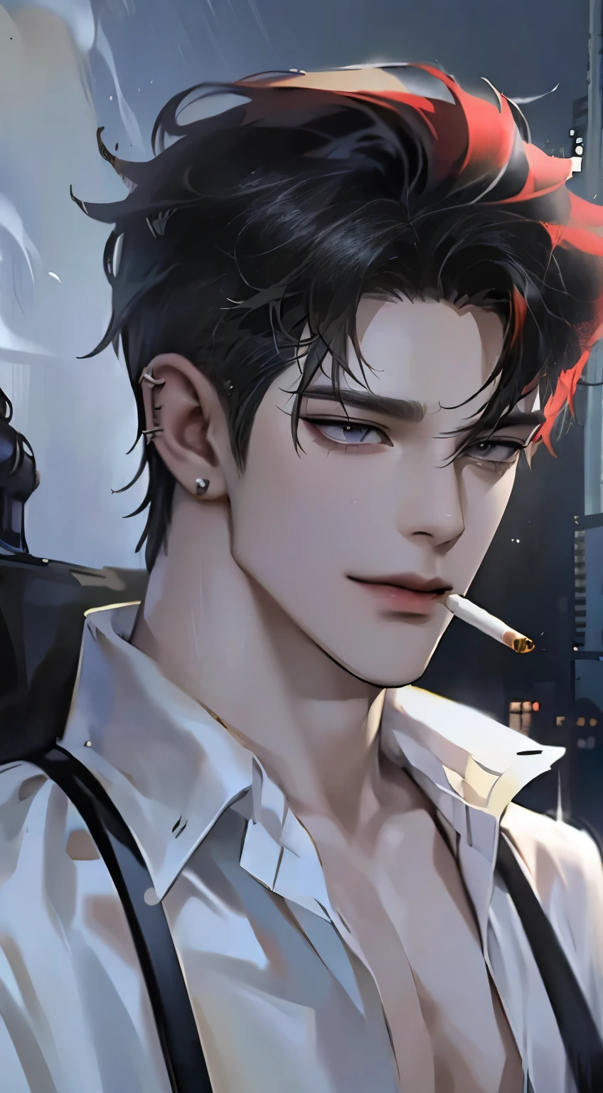 1 boy, solo, man, handsome, y2k, spiky hair, smoke, cigarette, piercings, smirk, street, y2k, asian, spiky hair, headphones, dyed hair
