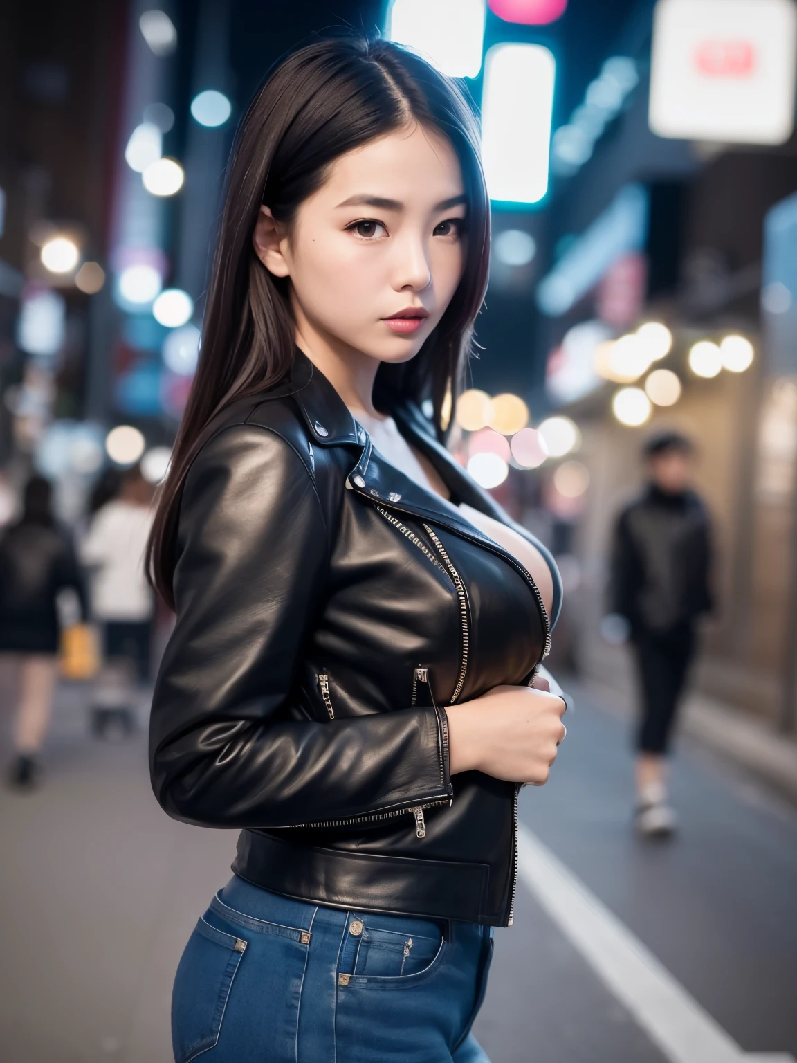 8k、RAW photos、Best Quality、masterpiece ,:1.2、real、photorealistic、night、Tokyo Street、night、Cityscape、Neon lights、sidewalk、city lights、gloomy、1girl、Front lens、close up、Clothes are leather jackets、big , big breasts,