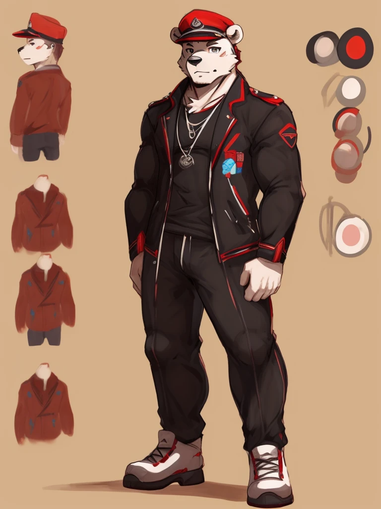 polar bear, intimidating, big body, male, solo focus, full body, feet, legs, hair, standing, character sheet, short spiky hair, red headband, black t-shirt, reference sheet, by_himasora, by_merong, (fully clothed:1.1), jacket, facing player, flat colored, nj5furry