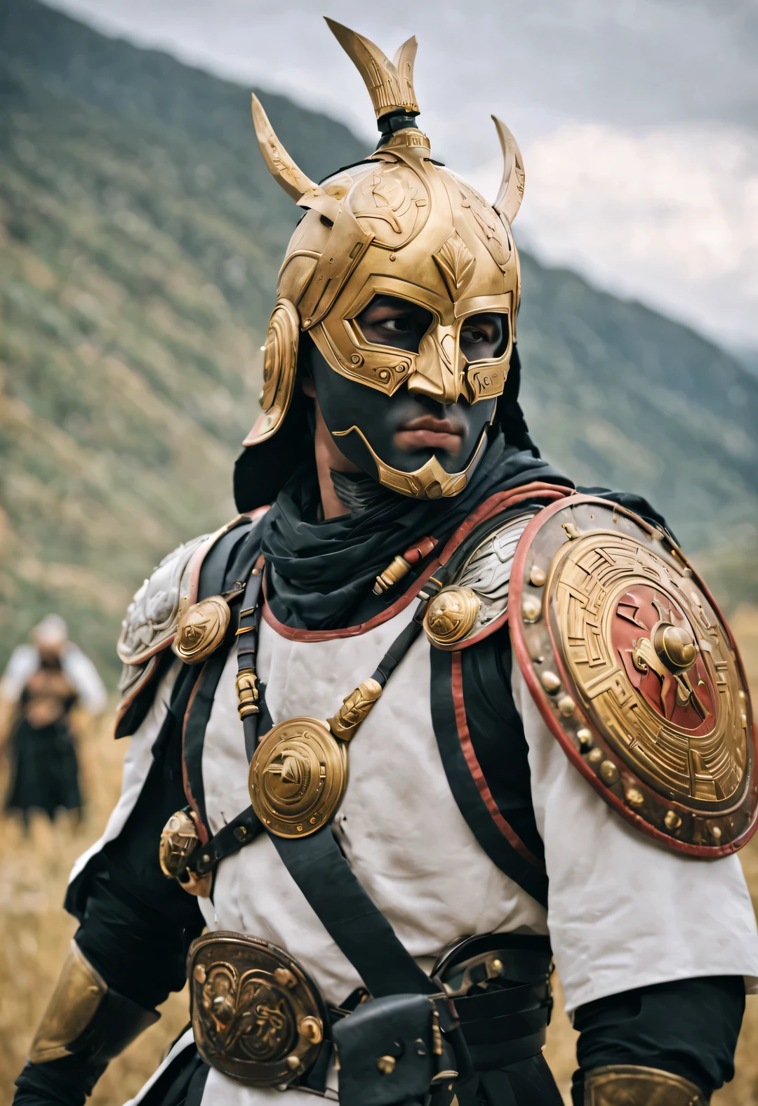 black and white photography照片），black and white photography，（huge golden shield和汤姆·哈迪），（huge golden shield），Tom Hardy wearing a mask，mystery，His mask is well made，smooth lines，Perfectly complimenting his handsome face，The mask covers most of his face，Only the eyes as bright as stars and the curved eyebrows are exposed，This makes him even more majestic and inviolable Mystery on the battlefield.。，Muscular grace，It's like a perfect sculpture，