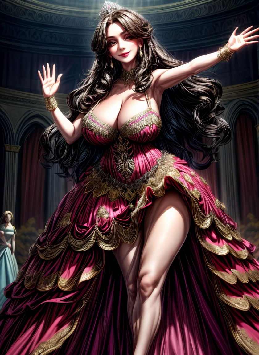 Irish woman, milf, mature,long straight hair,black hair, high cheekbones, glossy lipstick, white pale skin, tall, curvaceous, small waist, big hips, hip dips, large breasts, big breasts, sagging breasts, looking at viewer, Best quality, 8k, Masterpiece, realistic, photorealistic, (gigantic breasts:1.2),wearing beautiful embroidery and jeweled ruffled gorgeous princess ballgown with voluminous full length hoop skirt,
princess in a beautiful embroidery and jeweled rococo princess ballgown with voluminous full length hoop skirt,super detailed gorgeous princess ballgown with voluminous full length hoop skirt,jeweled Gorgeous rococo princess ballgown with long train,jeweled Gorgeous rococo princess ballgown with long train,gorgeous rococo princess ballgown with beautiful embroidery and jeweled, detailed eyes, brown eyes, blue and yellow dress,(masterpiece, best quality, highres:1.5), (realistic:1.1), 1girl, (celebrating:1.4), (waving arms in air:1.4), (gigantic breasts:1.2), (gigantic ass:1.2), (massive thighs:1.2), (thin:1.2), (detailed, beautiful face:1.2), (skimpy:1.3) (smiling:1.2),