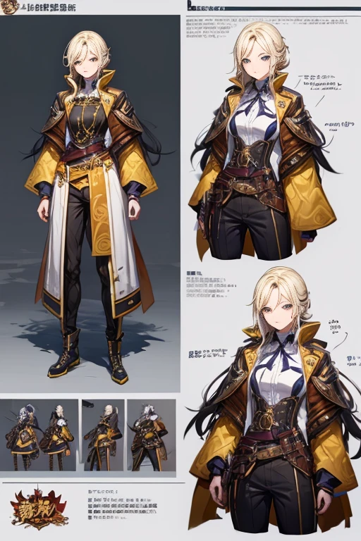 Close-up of a man wearing a gun costume, ((角色concept art)), ((character design sheet, same characters, front, side, Back)) Maple Story Character Art, Video game character design, Video game character design, Maple Story Gun Girl, 专家高细节concept art, 金属子弹concept art, Interesting character design, Lucio as a woman, gravity rush inspired, sticky tar. concept art, Belt buckled at waist, steampunk weapon,