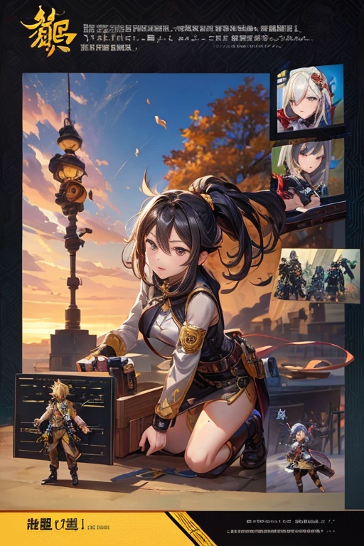 Close-up of a man wearing a gun costume, ((角色concept art)), ((character design sheet, same characters, front, side, Back)) Maple Story Character Art, Video game character design, Video game character design, Maple Story Gun Girl, 专家高细节concept art, 金属子弹concept art, Interesting character design, Lucio as a woman, gravity rush inspired, sticky tar. concept art, Belt buckled at waist, steampunk weapon,