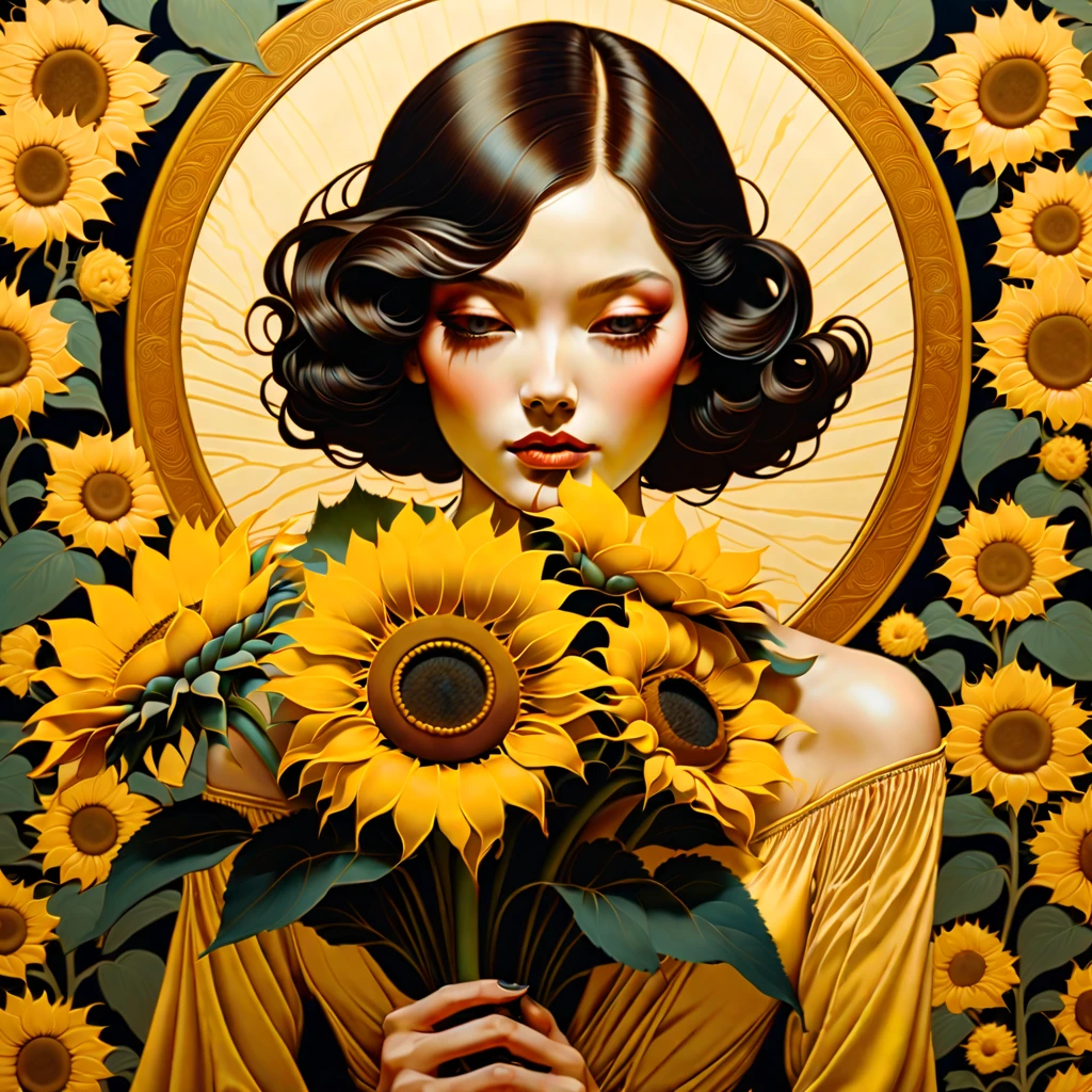 chiaroscuro technique on sensual illustration of a high fashioned  woman, vintage ,silky eerie, matte painting, by Hannah Dale, by Harumi Hironaka, extremely soft colors, vibrant, pastel, highly detailed, digital artwork, high contrast, dramatic, refined, tonal, golden ratio, painting of a woman holding a bouquet of sunflowers in front of a golden background, hyperrealistic art nouveau, chie yoshii, andrey remnev, by Yamagata Hiro, mucha klimt and tom bagshaw, inspired by J. C. Leyendecker, inspired by J.C. Leyendecker, inspired by James C. Christensen