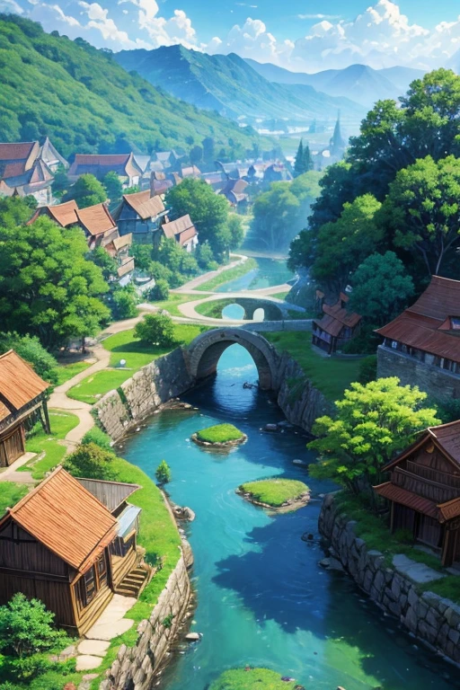 Village animation screenshot with rivers and streams, Bustling magic town, anime scenery概念艺术, anime rural scenery, beautiful anime scenes, anime scenery, anime background art, small town background, beautiful anime scenery, screenshot of animation, anime scene, Medieval fantasy town, Studio Ghibli anime style, Studio Ghibli environment, animation stills