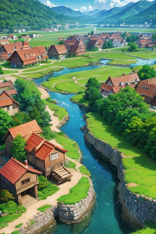 Village animation screenshot with rivers and streams, Bustling magic town, anime scenery概念艺术, anime rural scenery, beautiful anime scenes, anime scenery, anime background art, small town background, beautiful anime scenery, screenshot of animation, anime scene, Medieval fantasy town, Studio Ghibli anime style, Studio Ghibli environment, animation stills
