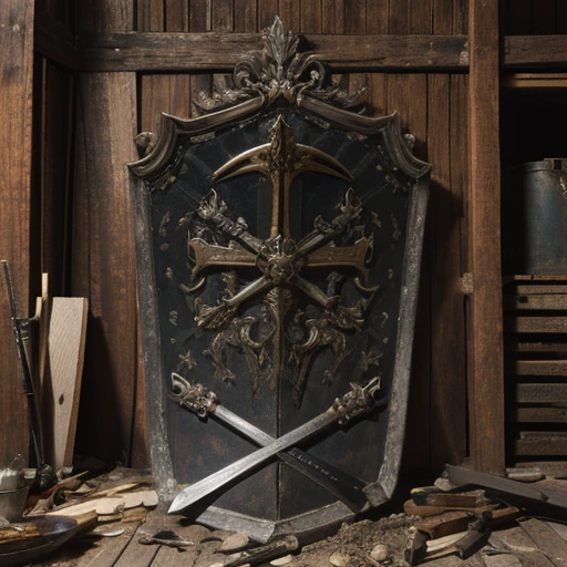 stilllife front view, metal huge battle shield in centre, symmetric composition, ancient old damaged shield with covered decor, front vew frontal, wood metal, super detailed, high resolution, ultra detalisation. masterpiece, ancient weapon steel swords around, pile of weapons steel swords weapons tools