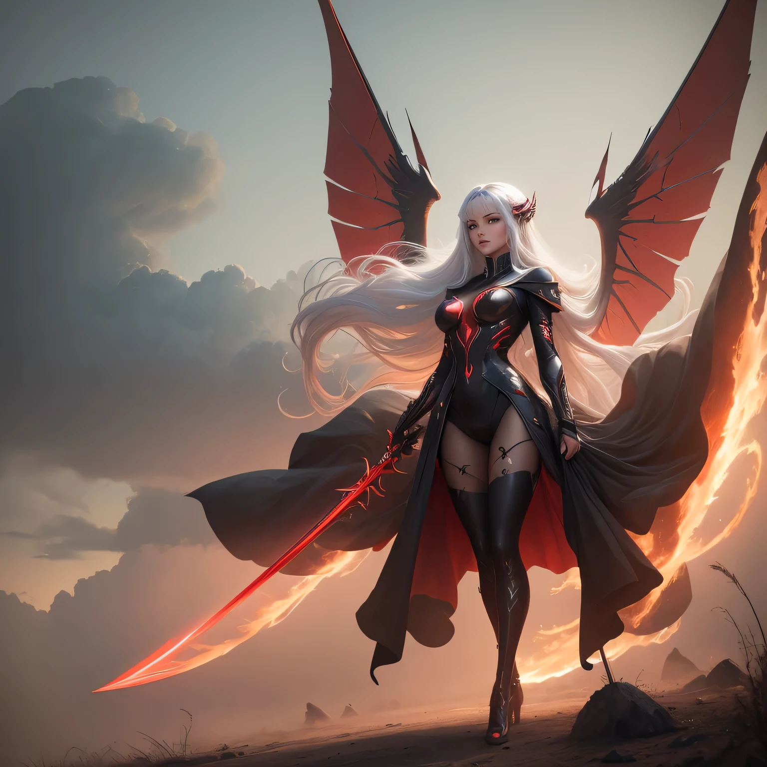4k, ultra detailed, full body portrait, pantyhose, beautiful shining face, sexy long lady, red and black tech sexy suit, long white hair, floating hair, tech big red wings, futuristic fire sword in hands, battlefield background, clouds,