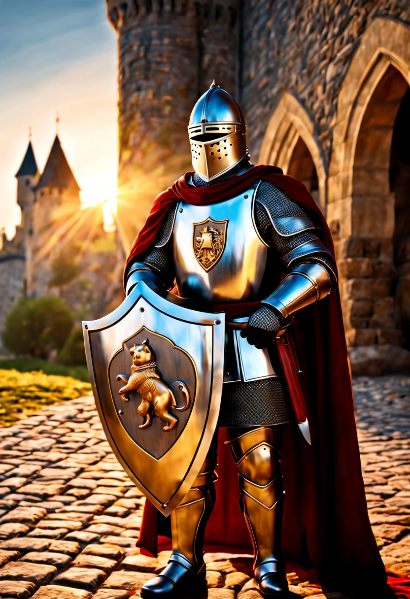 (best quality, 4k, 8k, high resolution, masterpiece: 1.2), ultra-detailed, (realistic, photorealistic, photorealistic: 1.37),a medieval knight with a shield that has a bear engraved in relief, the sun's rays illuminate the shield, the environment of the medieval era with a castle in the background, a true work of art
