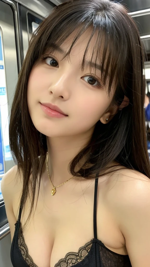 Highest image quality、masterpiece、Beautiful woman、Japanese、25 years old、whole body、inside the train、（master piece：1.3）、（In 8K、photorealistic、Live shooting、highest quality：1.4）、（girl）、beautiful expression、（real-looking face）、（black hair、Realistic eyes beautiful details、（realistic skin）、（black_bra,best quality)Shiny_Hada、There is a cleavage in the chest、disorganized、Charm、super resolution、Super realistic、high details、golden ratio、straight face、long、loose perm、綺麗なJapaneseの女性、(The whole body is reflected、frontage)