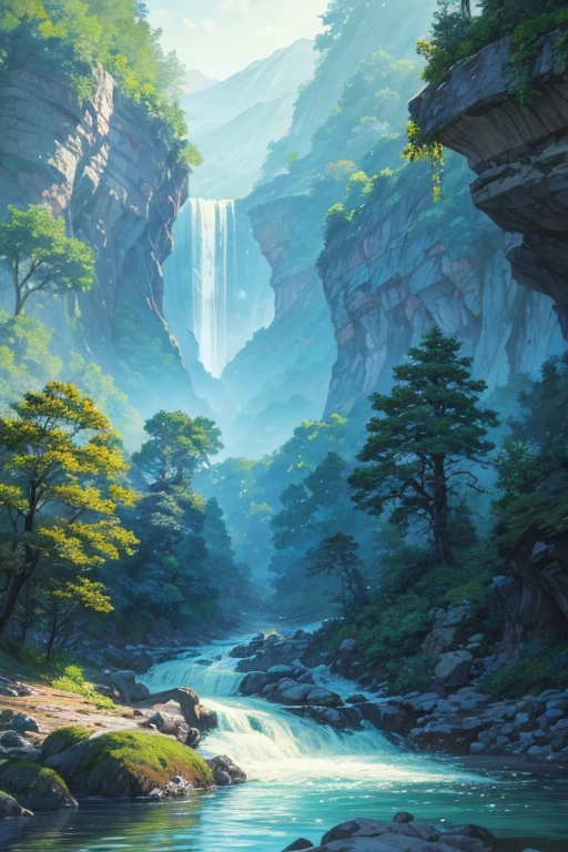 Painting of a river flowing through a rocky forest, there is a river running through it, river flowing beside, anime nature, rivers flow through it, anime scene, river in background, river water at the bottom, Anime screenshots, A river flows through the middle, anime scenery, animation still frame, Anime beautiful peaceful scene, anime background, Rios