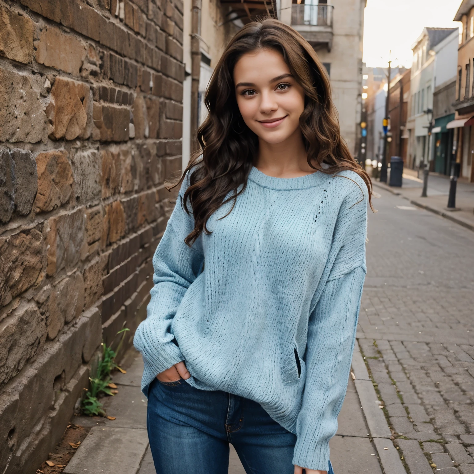 beautiful brunette girl, 22 years, smiling cute wearing jeans and a open sweater outfit looking cute posing head sideways. Wavy hair. 