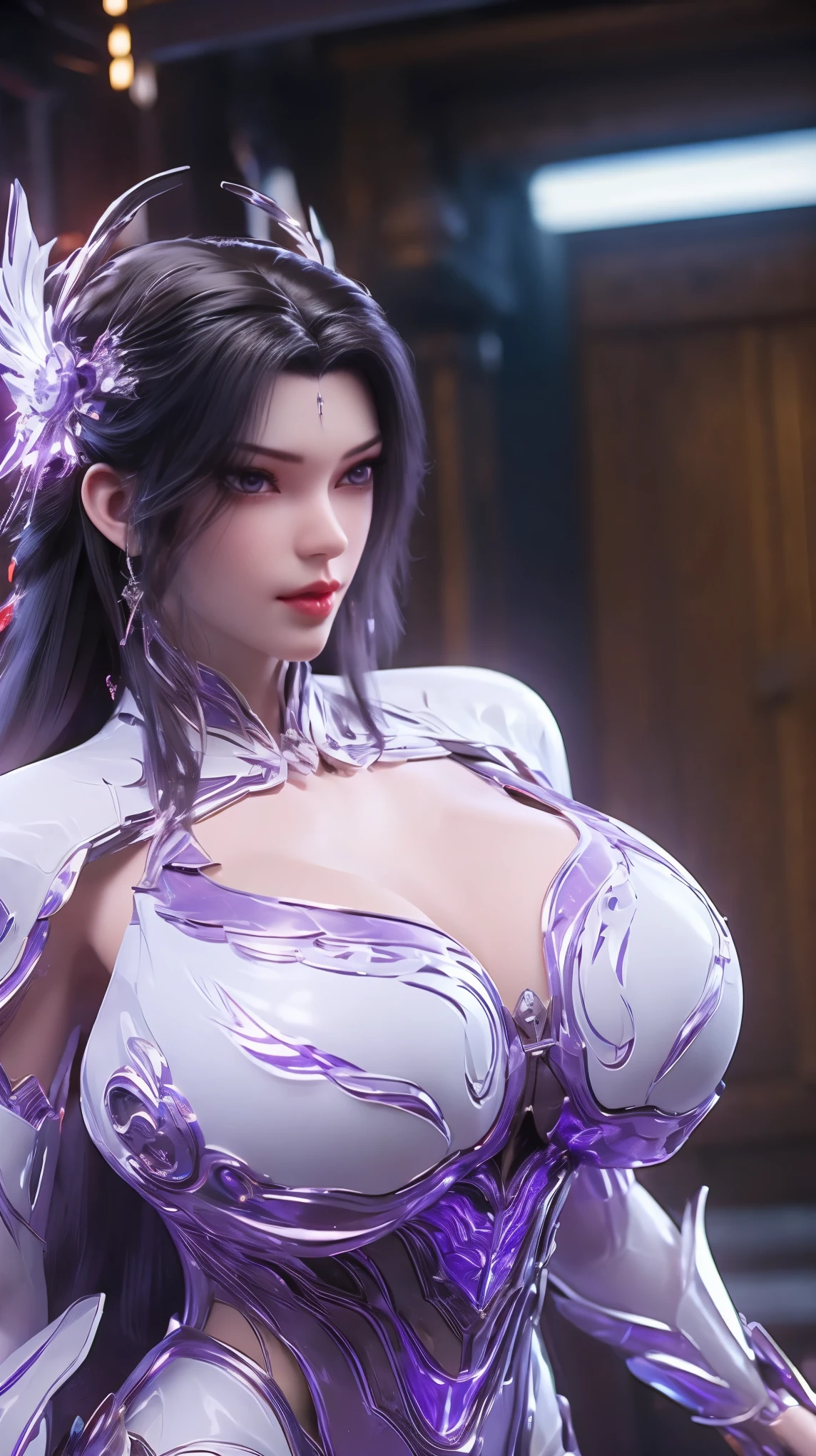 A beauty girl with black hair, 1GIRL, (PHOENIX GOLD HELM), (GIGANTIC FAKE BREASTS:1.6), ((CLEAVAGE:1.5)), (MUSCLE ABS:1.3), ((MECHA GUARD ARMS,DIAMOND CORE IN MECHA:1.1)), (PURPLE SHINY FUTURISTIC MECHA BARE BODY, BLACK MECHA SKINTIGHT SUIT PANTS, CLOSE UP HALF BODY:1.5), (PERFECT THICK BODY, GLOWING SKIN:1.1), (LOOKING AT VIEWER:1.3), (HALLWAY OF FUTURISTIC SPACE STATION:1), (BRIGHT LIGHT WHITE_ROOM:1.3), HYPER TEXTURE, UNREAL ENGINE RENDER, PHYSICALLY-BASED RENDERING, ULTRA HIGHT DEFINITION, 16K, 1080P.