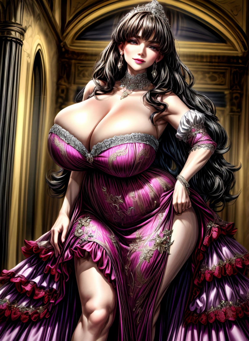 Irish woman, milf, mature,long straight hair,black hair, high cheekbones, glossy lipstick, white pale skin, tall, curvaceous, small waist, big hips, hip dips, large breasts, big breasts, sagging breasts, looking at viewer, Best quality, 8k, Masterpiece, realistic, photorealistic, (gigantic breasts:1.2),wearing beautiful embroidery and jeweled ruffled gorgeous princess ballgown with voluminous full length hoop skirt,
princess in a beautiful embroidery and jeweled rococo princess ballgown with voluminous full length hoop skirt,super detailed gorgeous princess ballgown with voluminous full length hoop skirt,jeweled Gorgeous rococo princess ballgown with long train,jeweled Gorgeous rococo princess ballgown with long train,gorgeous rococo princess ballgown with beautiful embroidery and jeweled, detailed eyes, brown eyes, blue and yellow dress,(masterpiece, best quality, highres:1.5), (realistic:1.1), 1girl, (gigantic breasts:1.2), (gigantic ass:1.2), (massive thighs:1.2), (thin:1.2), (detailed, beautiful face:1.2), (skimpy:1.miling:1.2),