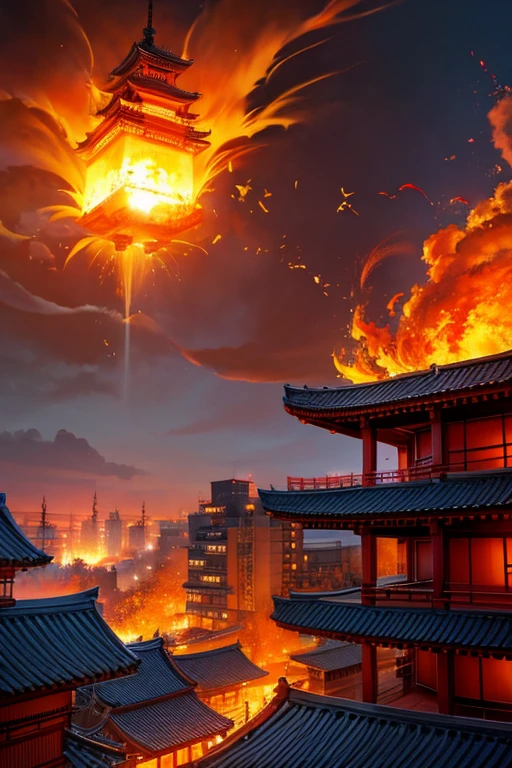 Flames coming out of a building with a clock, an ancient city on fire, Inspired by Kanebo, Japanese visual effects, in feudal japan, Inspired by Koushiro Onchi, author:Tan Yang Kano, Inspired by Dongyang, Selangor