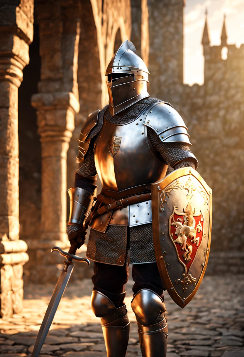(best quality, 4k, 8k, high resolution, masterpiece: 1.2), ultra-detailed, (realistic, photorealistic, photorealistic: 1.37),a medieval knight with a shield that has a wolf engraved on it, the sun's rays illuminate the shield, the atmosphere of medieval times with a castle in the background, cinematic light, a true work of art.