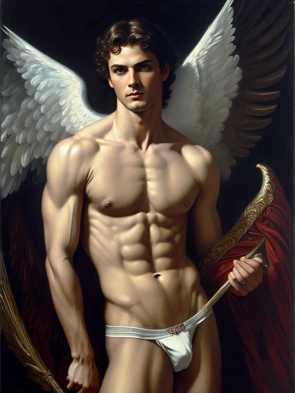 full body, oil Painting, portrait charismatic and ((one masculine cupid)), tall, slim, smooth muscle, ((big bulge, white briefs)), smooth body ruins background, perfect eye chiaroscuro mood, oil painting, classic era, Bouguereau paintings art style, high resolution, high quality, elegant, Soft impressive impasto, perfect composition, perfect face, edge lighting, intricate, oil on canvas, Beautiful details, masterpiece, ominous, matte painting movie poster