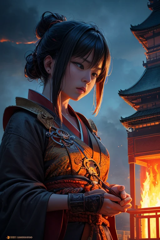 (a flaming clocktower),(burning ancient city),(inspired by Kanno Baobao, visual effects in Japan), (feudal Japan),(inspired by Kozo Enma, author: Tanyang Kanuo), (inspired by Dongyang, Yushu, China) (best quality, 4k, 8k, highres, masterpiece:1.2),(ultra-detailed),(realistic,photorealistic,photo-realistic:1.37),(HDR),(UHD),(studio lighting),(ultra-fine painting),(sharp focus),(physically-based rendering),(extreme detail description),(professional),(vivid colors),(bokeh),(portraits),(landscape),(horror),(anime),(sci-fi),(photography),(concept artists),(deep blue color tone),(mysterious dim lighting)