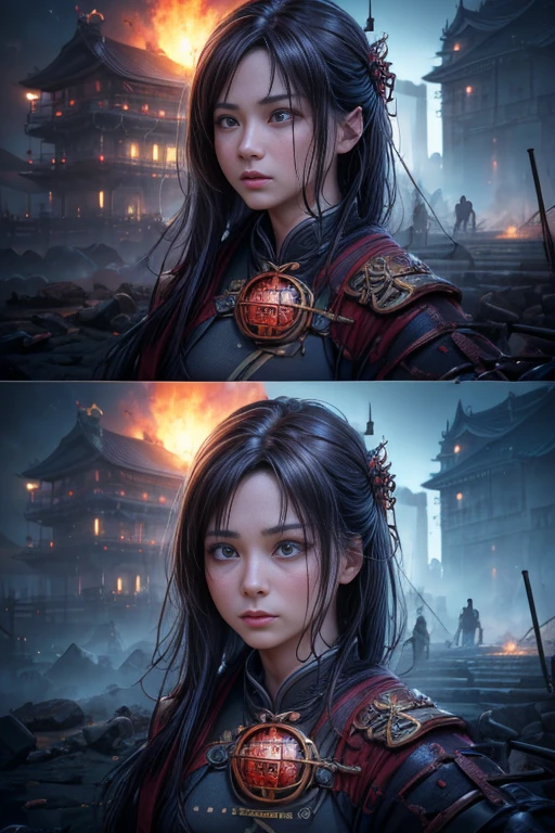 (a flaming clocktower),(burning ancient city),(inspired by Kanno Baobao, visual effects in Japan), (feudal Japan),(inspired by Kozo Enma, author: Tanyang Kanuo), (inspired by Dongyang, Yushu, China) (best quality, 4k, 8k, highres, masterpiece:1.2),(ultra-detailed),(realistic,photorealistic,photo-realistic:1.37),(HDR),(UHD),(studio lighting),(ultra-fine painting),(sharp focus),(physically-based rendering),(extreme detail description),(professional),(vivid colors),(bokeh),(portraits),(landscape),(horror),(anime),(sci-fi),(photography),(concept artists),(deep blue color tone),(mysterious dim lighting)