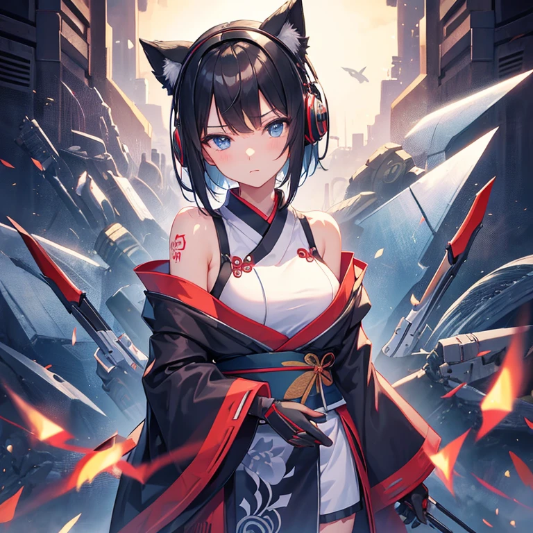 1 girl, solo, bust, Gaze, short hair, bangs bangs, blue eyes, black hair, gloves, Hold in hand, bare shoulders, close your mouth, arms, Cowgirl shot, kimono, No sleeve, 肘付きgloves, knife, kimono, armsを持つ, band, tattoo, headphone, knifeを持つ, band, knife, robot, sheath, Mecha, 黒kimono, No sleevekimono、thunder、