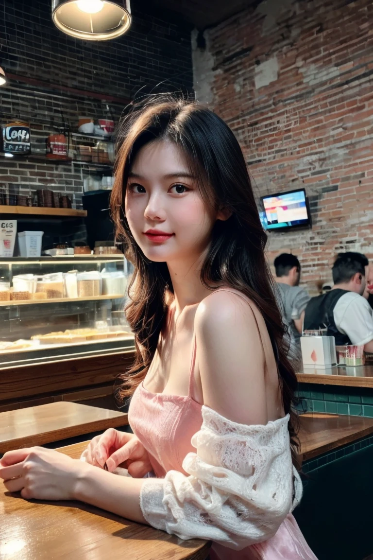 (8k, RAW photo, best quality, masterpiece:1.2), (realistic, photo-realistic:1.2), (photorealistic:1.4), (ultra high res, raw photo:1.4), ultra-detailed, a girl, perfect face, sitting, (upper body:1.3), (pink dress:1.2), (softlight:1.2), (professional lighting:1.2), (studio:1.2), (coffee shop background:1.2), bigoGirl02