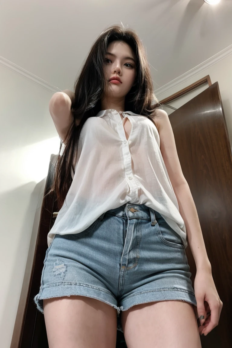 tmasterpiece,Top Quality,(reallistic,Photorealcitic:1.4),(Raw-Photo:1.2),very elaborate CG Unity 8K wallpaper,Very delicately beautiful,majestueu,attention to detail,offcial art,absurderes、Unbelievably ridiculous resolution,Extremely fine,very elaborate,beautiful eyes and face,Beautiful exquisite eyes,light on the face,1 girl in,navels,The upper part of the body,Grey sleeveless shirt,Bare wrist, thick-thighs, (((miniskirt))), Unique poses, ((a bun)), Sneakers, (((look from below)))
